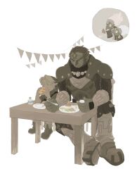  26_zzzzzz 2boys 2girls absurdres age_difference arm_wrap armor banner boots bottle brown_theme burger chair cherry commentary_request eating elbow_rest flag food food_in_mouth forehead_jewel frown fruit furrowed_brow ganondorf gem giving hair_slicked_back hand_up hands_up hat height_difference highres holding holding_burger holding_food holding_gem holding_spoon jewelry kotake koume_(zelda) limited_palette link male_focus milk milk_bottle multiple_boys multiple_girls necklace old old_woman on_chair pauldrons plate poleyn rice rupee_(zelda) short_hair shoulder_armor sideburns simple_background sitting spiked_armor spikes spoon sweatdrop table the_legend_of_zelda the_legend_of_zelda:_ocarina_of_time thick_eyebrows twinrova very_short_hair white_background wide_sleeves young_link 