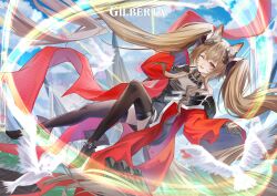  1girl :d absurdres angelina_(arknights) animal_ear_fluff animal_ears arknights arknights:_endfield bird black_boots black_gloves black_thighhighs blue_sky boots bracelet breasts brown_hair character_name chinese_commentary coat commentary day diamond-shaped_pupils diamond_(shape) dove dress elbow_gloves floating floating_hair fold-over_boots fox_ears fox_girl full_body gilberta_(arknights) gloves grey_dress headpiece high_collar highres impossible_clothes impossible_dress infection_monitor_(arknights) jewelry long_hair long_sidelocks long_sleeves looking_at_viewer medium_breasts off_shoulder one_eye_closed open_clothes open_coat originium_(arknights) outdoors pointing pointing_at_self red_coat red_eyes sidelocks sky sleeveless sleeveless_dress smile solo symbol-shaped_pupils thigh-highs twintails very_long_hair yizhikejiu zettai_ryouiki 