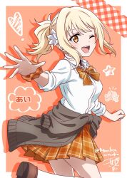  1girl ;d blonde_hair blush border bow bowtie brown_cardigan cardigan cardigan_around_waist clothes_around_waist commentary_request drop_shadow gyaru gyarugasaki highres looking_at_viewer love_live! love_live!_nijigasaki_high_school_idol_club miyashita_ai one_eye_closed open_mouth orange_bow orange_bowtie orange_eyes orange_scrunchie orange_skirt plaid_clothes plaid_skirt pleated_skirt ponytail ric._(marchen_mozuku) scrunchie shirt sidelocks signature skirt smile solo white_border white_shirt wrist_scrunchie 