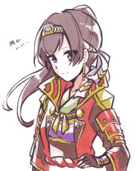  1girl absurdres arm_at_side armor black_gloves black_hair black_sleeves blue_eyes closed_mouth commentary_request cosplay cropped_torso double-parted_bangs earrings fingerless_gloves floating_hair gloves hand_on_own_hip headband high_ponytail highres hirake_goma jacket japanese_armor jewelry kagura_hikari kote lapels light_smile long_hair long_sleeves looking_at_viewer oda_nobunaga_(real_life) oda_nobunaga_(real_life)_(cosplay) official_alternate_costume official_alternate_hairstyle open_clothes open_jacket plate ponytail popped_collar real_life red_jacket red_rope ribbon rope rope_belt shoujo_kageki_revue_starlight shoujo_kageki_revue_starlight_-re_live- shoulder_armor simple_background sode solo striped_headband translation_request two-tone_headband upper_body white_background white_headband wide_sleeves yellow_headband yellow_ribbon yellow_trim 