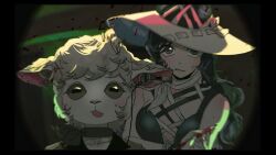  animal_head anjo_nala backlighting barbara_(reverse:1999) bare_shoulders black_dress black_hair black_neckerchief closed_mouth cone_hair_bun dark double_bun dress earphones fang fang_out grey_eyes hair_bun hair_ornament hat holding holding_pencil horizontal_pupils kim_8thhh long_hair looking_at_viewer ms._kimberly_(reverse:1999) neckerchief open_mouth pencil pov_peephole reverse:1999 sheep_girl sheep_hair_ornament sheep_head sleeveless sleeveless_dress sweat upper_body violet_eyes white_hat white_neckerchief 