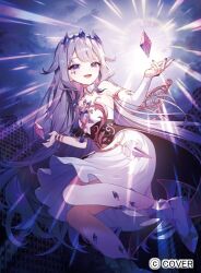  1girl :d ankle_boots bare_shoulders black_corset boots center-flap_bangs chatsubaki chest_jewel circlet colored_inner_hair commentary_request corset detached_collar detached_sleeves detached_wings double-parted_bangs dress gem gradient_hair grey_hair hair_flaps hololive hololive_english jewel_under_eye koseki_bijou koseki_bijou_(1st_costume) long_hair looking_at_viewer multicolored_hair official_art open_mouth pink_hair purple_boots purple_gem purple_hair sidelocks single_detached_sleeve smile solo strapless strapless_dress very_long_hair violet_eyes virtual_youtuber white_dress white_sleeves wings 