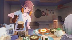  2girls absurdres bacon bowl breakfast cecilia_immergreen coffee coffee_filter coffee_grinder coffee_mug coffee_pot collarbone commentary cookie cooking_oil counter cup dumpling eating english_commentary food fork fried_egg frying_pan gas_can hair_flaps highres holding holding_coffee_pot hololive hololive_english ika--1024 indoors kitchen kitchen_hood kitchen_knife knife long_hair looking_at_object looking_down messy_hair miso_soup mole mole_under_eye morning mug multiple_girls ninomae_ina'nis onigiri open_mouth otomo_(cecilia_immergreen) oven plate pointy_ears reflection shirt short_hair sitting spatula standing stove t-shirt table takodachi_(ninomae_ina'nis) tea teapot tentacle_hair toaster virtual_youtuber watermark white_shirt wok wooden_table 