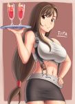  belt breasts brown_hair character_name crop_top drink final_fantasy final_fantasy_vii hand_on_hip hips jinrai_(owl12) large_breasts legs long_hair low-tied_long_hair midriff miniskirt navel red_eyes skirt smile solo suspenders taut_shirt thighs tifa_lockhart tray waitress 