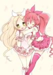  blonde_hair closed_eyes cure_melody cure_rhythm eyes_closed happy highres houjou_hibiki hug hug_from_behind long_hair magical_girl minamino_kanade multiple_girls musical_note pink_hair pink_legwear ponytail precure pylorichoco smile suite_precure thigh-highs thighhighs twintails white_background yellow_eyes 