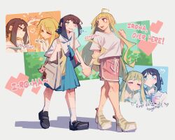  2girls absurdres ahoge black_hair black_shoes blonde_hair blue_skirt bracelet breasts brown_eyes cho_kaguya-hime! commentary drinking_straw drinking_straw_in_mouth english_text green_eyes grey_bag highres holding_hands interlocked_fingers jewelry kaguya_(cho_kaguya-hime!) long_hair medium_breasts medium_hair mole mole_under_eye multiple_girls open_mouth pink_shorts sailor_collar sakayori_iroha shirt shoes short_sleeves shorts skirt socks togekk0 white_sailor_collar white_shirt white_socks yuri 