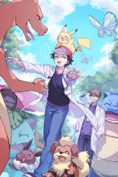  2boys 2girls 88_(einnimnech) baseball_cap black_pants black_shirt blastoise blue_oak blue_pants blue_sky brown_hair bug butterfly butterfree cannon charizard claws closed_eyes clouds coat commentary_request eevee fangs flower growlithe hands_in_pockets hat highres lab_coat lanyard multiple_boys multiple_girls on_head open_clothes open_mouth outdoors pants pikachu pokemon pokemon_(creature) pokemon_on_head purple_shirt red_(pokemon) shirt short_hair sky smile spiky_hair teeth tongue tree venusaur white_coat 