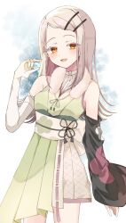  1girl blonde_hair blush breasts colored_eyelashes commentary_request cowboy_shot detached_sleeves flipped_hair gakuen_idolmaster gloves green_kimono hair_ornament hairclip hand_up highres idolmaster japanese_clothes kimono kiysar long_hair looking_at_viewer medium_breasts obi obiage obijime open_mouth orange_eyes parallel_hairclips sash shawl shinosawa_hiro shirt single_detached_sleeve single_glove sleeveless sleeveless_kimono smile solo standing swept_bangs turtleneck turtleneck_shirt white_background white_gloves white_shirt 