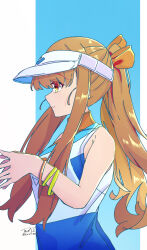  1girl absurdres bow bracelet brown_eyes brown_hair commentary fate/extra fate_(series) from_side hair_bow hat highres jewelry kishinami_hakuno_(female) long_hair multicolored_shirt multiple_girls orange_bow own_hands_together sidelocks sleeveless smile solo tam002 visor_cap white_hat 