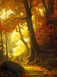  1boy absurdres artist_name autumn autumn_leaves commentary english_commentary forest from_behind hat highres leaf nature orange_leaf original outdoors painterly path plant_roots raja_nandepu rock scenery stairs sunlight tree yellow_leaf 