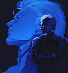  1boy black_background blue_eyes closed_mouth collared_shirt crossed_arms devil_may_cry_(series) hair_slicked_back hashtag-only_commentary highres ksaiikuuu limited_palette long_sleeves male_focus multiple_views profile shirt short_hair short_sideburns sideburns simple_background vergil_(devil_may_cry) 