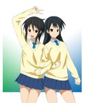  2girls black_hair brown_eyes fukuoka_katsumi locked_arms long_hair multiple_girls necktie original ponytail school_uniform sweater v 