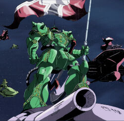  character_request commentary_request dokite_tsukasa flag gundam gundam_gihren_no_yabou highres holding holding_flag mecha no_humans official_art robot solo space spacecraft standing star_(sky) zaku_ii 