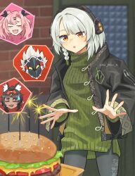  1boy 3girls absurdres alternate_costume anby_demara animal_ear_fluff animal_ears barcode barcode_tattoo billy_kid black_hair black_jacket braid braided_sidelock burger cat_ears cat_girl closed_eyes commentary_request facial_mark food forehead_mark forehead_tattoo green_sweater grey_hair hairband headphones highres humanoid_robot indoors jacket multiple_girls nekomiya_mana nicole_demara no_plan_a open_mouth orange_eyes pink_hair red_hairband robot robot_boy short_hair spiky_hair sweatdrop sweater tattoo triangle triangle_facial_mark turtleneck turtleneck_sweater twitter_username white_hair zenless_zone_zero 