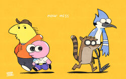  bald bird_boy black_eyes brown_hat charlie_dompler collared_shirt colored_skin commentary_request crossover english_text furry hat highres hood hoodie male_focus meme mordecai_(regular_show) multiple_boys orange_hoodie outdoors pants pim_pimling pink_skin raccoon raccoon_boy rariatto_(ganguri) regular_show rigby shirt shoes shorts simple_background smiling_friends toon_(style) white_shirt yellow_skin 