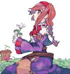  belt borogove bow braid brown_hair coat dress flower gloves grass grey_eyes hairband kneeling long_hair payot purple_dress ribbon simple_background smile solo virginia_maxwell white_background wild_arms wild_arms_3 