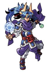  1boy ankle_boots armor blue_armor blue_hair boots closed_mouth earrings energy_ball gold_horns gold_trim hair_ribbon harakawa_mitsuhiro high_ponytail holding holding_sword holding_weapon jewelry multicolored_armor official_art pants pointy_ears ponytail purple_scarf red_eyes red_ribbon red_trim ribbon saiga_(shinrabanshou) scarf seven-branched_sword shinrabanshou shirt solo sword third-party_source transparent_background weapon white_armor white_pants white_shirt 