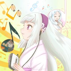  1boy 2girls bandai_namco beamed_eighth_notes blue_kimono blunt_bangs blunt_sidelocks braid brown_hair cassette_player closed_eyes closed_mouth commentary_request curtained_hair earphones earphones eighth_note emapippi festival fingernails floating_hair from_side front_braid gear_print hachimaki hairband half_updo hand_on_own_chest headband holding_cassette_player japanese_clothes kimono lantern light_particles long_hair looking_at_viewer market_stall mother_and_daughter multiple_girls music musical_note official_art open_mouth paper_lantern parted_bangs pink_eyes pink_sash print_hairband profile purple_hairband sash second-party_source shinono's_mother_(taiko_no_tatsujin) shinono_(taiko_no_tatsujin) sidelocks singing single_braid smile split_mouth star_(sky) straight_hair taiko_no_tatsujin teeth tetsuo_(wadiverse)_(taiko_no_tatsujin) topknot torii upper_body very_long_hair wada_tetsuo white_headband white_kimono yellow_background 