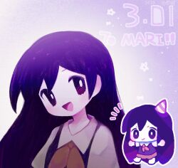  1girl :d arms_at_sides blush bow breasts brown_skirt character_name chibi chibi_inset chinese_commentary collared_shirt colored_skin commentary_request dated deformed double-parted_bangs ear_blush gradient_background hair_between_eyes hat hatching_(texture) looking_at_viewer mari_(headspace)_(omori) mari_(omori) miniskirt neckerchief notice_lines omori open_mouth outline party_hat pink_hat purple_bow purple_hair purple_sweater_vest purple_theme red_neckerchief shirt short_sleeves sidelocks sideways_glance simple_background skirt small_breasts smile solo star_(symbol) straight_hair striped_clothes striped_hat striped_headwear sweater_vest tongue tuteo two-tone_background violet_eyes white_background white_hat white_outline white_shirt white_skin 