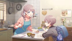  1boy 1girl :d :o apron asymmetrical_sidelocks bag black_shirt blue_apron blue_bag blurry bokeh bowl breasts brother_and_sister brown_hair calendar_(object) child chopsticks colorful_palette cooking_pot depth_of_field dot_nose flower food frying_pan game_cg grey_sweater hair_ribbon highres holding holding_chopsticks indoors kimi_to_tsunagu_heart_beat_(project_sekai) kitchen ladle light_blush low_ponytail male_focus medium_breasts mochizuki_haru mochizuki_honami official_art open_mouth pink_flower pink_sweater plate plate_stack ponytail profile project_sekai ribbon salad school_bag shirt short_hair siblings sidelocks sleeves_rolled_up smile spatula steam steaming_food sticker sweater swept_bangs table third-party_source turtleneck turtleneck_shirt vase vegetable white_flower white_ribbon 