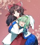  bad_id bow brown_hair closed_eyes detached_sleeves green_hair hair_bow hair_ornament hair_tubes hakurei_reimu hug japanese_clothes kochiya_sanae miko miranko multiple_girls red_eyes snake touhou 