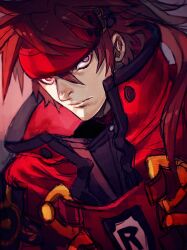  1boy black_trim brown_hair closed_mouth coat collared_coat commentary_request frown guilty_gear guilty_gear_2 headband high_collar highres long_hair looking_at_viewer male_focus red_coat red_eyes red_headband sanpaku sol_badguy solo upper_body yohane_shimizu 