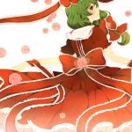  bad_id bow dress flower frills from_behind front_ponytail green_eyes green_hair hair_bow highres kagiyama_hina komine long_hair looking_back pink_rose red_dress rose simple_background solo touhou 