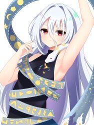  1girl absurdres armpits black_dress blue_dress breasts cipher_(user_watm8555) commentary_request dress fossilized_wonders gradient_clothes gradient_dress grey_hair hair_between_eyes highres long_hair long_hair_between_eyes red_eyes ribbon_around_body sleeveless small_breasts snake snake_wrapped_around_body solo touhou turtleneck turtleneck_dress very_long_hair yuiman_asama 