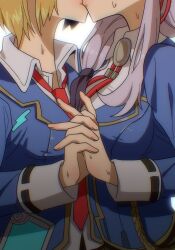  2girls brown_hair heaven_burns_red hehyu243683 highres holding_hands izumi_yuki_(heaven_burns_red) kayamori_ruka kiss long_hair multiple_girls neck_ribbon necktie ribbon school_uniform short_hair sweat yuri 