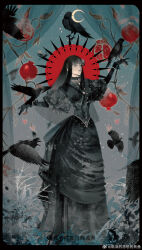  1girl absurdres alternate_costume bird black_border black_dress black_gloves black_hair blunt_bangs border bracelet chenjiu_de_sixiang_de_si_yu chinese_commentary commentary_request crescent_moon crow dress elbow_gloves final_fantasy final_fantasy_xiv flower gloves gown grey_eyes hair_flower hair_ornament highres hyur jewelry leaf long_hair moon outstretched_arms parted_lips pearl_bracelet ring solo spread_arms standing straight_hair watermark weibo_watermark yotsuyu_goe_brutus 