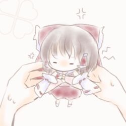  1girl 1other alternate_size anger_vein angry ascot bow brown_hair chibi chibi_only closed_mouth commentary_request detached_sleeves frilled_bow frilled_hair_tubes frills hair_bow hair_tubes hakurei_reimu hananenmi holding holding_mini_person long_hair mini_person minigirl red_bow red_skirt ribbon-trimmed_sleeves ribbon_trim skirt skirt_set sweat touhou yellow_ascot 