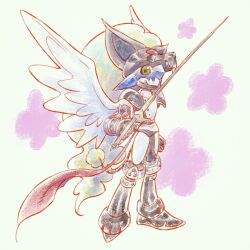  animal_helmet armor blonde_hair boots brown_armor brown_boots brown_helmet digimon digimon_(creature) digimon_focus duftmon feathered_wings full_body green_eyes helmet highres hoisotsu01 holding holding_sword holding_weapon horns knight lance long_hair polearm simple_background solo spread_wings sword weapon white_wings wings 