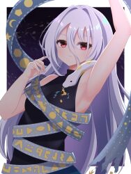  1girl absurdres armpits black_dress blue_dress breasts cipher_(user_watm8555) commentary_request dress fossilized_wonders gradient_clothes gradient_dress grey_hair hair_between_eyes highres long_hair long_hair_between_eyes red_eyes ribbon_around_body sleeveless small_breasts snake snake_wrapped_around_body solo touhou turtleneck turtleneck_dress very_long_hair yuiman_asama 