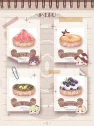  4girls alice_margatroid blonde_hair bow braid brown_hair character_name commentary_request food food_focus food_request frilled_bow frilled_hair_tubes frilled_hairband frills frog_hair_ornament fruit green_hair hair_bow hair_ornament hair_tubes hairband hakurei_reimu hananenmi hat hat_bow head_only kirisame_marisa kochiya_sanae long_hair multiple_girls red_bow red_hairband side_braid single_braid snake_hair_ornament star-shaped_food star_(symbol) strawberry touhou translation_request white_bow witch_hat 