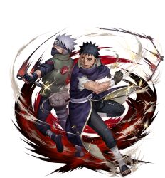 2boys back-to-back black_boots black_gloves black_hair black_jacket black_mask black_pants boots brown_gloves coat fingerless_gloves flak_jacket forehead_protector gloves green_jacket grey_hair hatake_kakashi heterochromia holding holding_kunai holding_weapon jacket konohagakure_shinobi_uniform kunai long_coat mask mouth_mask multiple_boys naruto_(series) naruto_shippuuden naruto_shippuuden:_ultimate_ninja_blazing official_art open-toe_boots pants purple_coat red_eyes rinnegan sharing shinobi_alliance_symbol_(naruto) short_hair torn_clothes torn_coat uchiha_obito violet_eyes weapon 