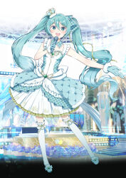  1girl agonasubi aqua_boots aqua_eyes aqua_gloves aqua_hair blush boots bow breasts commentary_request crown detached_collar dress full_body fur-trimmed_gloves fur_trim gloves hair_between_eyes hair_bow hatsune_miku highres holding holding_microphone long_hair looking_at_viewer microphone mini_crown open_mouth plaid_bow plaid_clothes plaid_dress sleeveless sleeveless_dress small_breasts smile solo stage tilted_headwear twintails very_long_hair vocaloid 