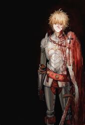  1boy absurdres ahoge armor black_background blonde_hair blood blood_on_armor blood_on_clothes blood_on_face blush braid braided_ponytail cape chinese_commentary commentary_request fate/strange_fake fate_(series) feet_out_of_frame highres kanna0827 male_focus multicolored_hair red_eyes red_streaks richard_i_(fate) simple_background single_braid smile solo streaked_hair 