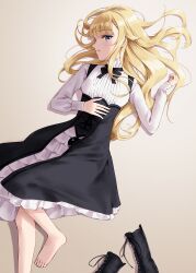  1girl absurdres barefoot black_boots black_bow black_bowtie black_skirt blonde_hair blue_eyes boots bow bowtie breasts commentary enu_illustip frilled_skirt frills hair_spread_out high-waist_skirt highres lace-up_boots long_skirt long_sleeves looking_at_viewer lying medium_breasts on_back parted_lips princess_(princess_principal) princess_principal profile shirt sideways_mouth skirt sleeves_past_wrists solo toes unworn_boots white_shirt 