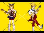  bass blonde_hair bow glasses green_eyes guitar hairclip headphones instrument kagamine_len kagamine_rin leg_warmers letterboxed necktie ponytail project_diva school_uniform shoes short_hair shorts skirt sleeves_rolled_up sweater_around_waist sweater_vest vocaloid wink wristband yellow 
