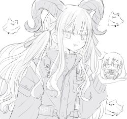  2girls 8_(asahati) animal_ears arknights bang_dream! bang_dream!_it's_mygo!!!!! chibi commentary_request coretton_(arknights) greyscale hair_ribbon highres holding holding_mini_person horns jacket long_hair long_sleeves mini_person monochrome multiple_girls open_mouth rabbit_ears rabbit_girl ribbon sidelocks simple_background togawa_sakiko togawa_sakiko_(sarkaz) wakaba_mutsumi wakaba_mutsumi_(cautus) white_background 