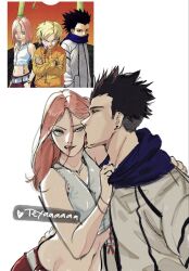  1boy 1girl belt blue_scarf breasts clothes_grab commentary couple earrings english_commentary green_eyes hand_on_another's_waist haruno_sakura high_collar highres jacket jewelry licking licking_another's_face medium_hair midriff naruto_(series) naruto_shippuuden necklace neckwear_grab official_alternate_costume pants pink_hair punk red_pants reference scarf scarf_grab shiteyaa small_breasts spiky_hair tongue tongue_out uchiha_sasuke undercut white_belt white_jacket y2k_fashion 