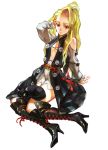  1girl blonde_hair boots cat dagger george_kamitani grimgrimoire high_heel_boots jewelry long_hair official_art ponytail red_eyes sitting smile solo vanillaware weapon 