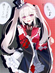  1girl :d absurdres black_gloves black_hat blue_streaks breasts commentary_request cowboy_shot diamond_(shape) diamond_facial_mark dress facial_mark gloves hand_up hat heart heart_facial_mark highres honkai:_star_rail honkai_(series) long_hair long_sleeves looking_at_viewer mini_hat mini_top_hat miyu_10969 multicolored_hair musical_note open_mouth parted_bangs pink_eyes red_dress small_breasts smile solo sparkle_(honkai:_star_rail) sparxie_(honkai:_star_rail) spoken_musical_note streaked_hair top_hat translation_request twintails two-tone_dress white_dress white_hair wide_sleeves 