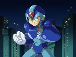  1990s_(style) 1boy absurdres android arm_cannon armor blue_armor blue_helmet city_lights cityscape clenched_hand clenched_teeth diegodoodles forehead_jewel game_console green_eyes helmet highres jewelry looking_to_the_side mega_man_(series) mega_man_x3 mega_man_x_(series) official_style playstation_1 retro_artstyle robot robot_ears solo standing teeth upper_body weapon x_(mega_man) 