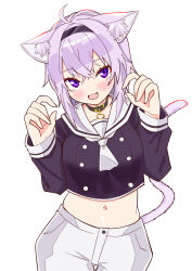  1girl :3 ahoge animal_collar animal_ear_fluff animal_ears ascot black_collar black_hairband black_shirt black_trim buttons cat_ears cat_girl cat_tail claw_pose collar commentary crop_top crossed_bangs double-breasted double-parted_bangs fang hair_between_eyes hair_intakes hairband highres hololive irodori_drawpic light_blush long_sleeves looking_at_viewer medium_hair midriff navel nekomata_okayu nekomata_okayu_(school_uniform) official_alternate_costume open_mouth pants purple_hair sailor_collar school_uniform serafuku shirt smile solo tail upper_body violet_eyes virtual_youtuber white_ascot white_pants white_sailor_collar white_trim 