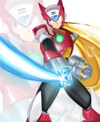  1boy absurdres armor blonde_hair chest_jewel cowboy_shot energy_sword forehead_jewel helmet highres holding holding_sword holding_weapon long_hair male_focus mega_man_(series) mega_man_x_(series) red_armor red_helmet solo_focus succducc888 sword weapon z_saber zero_(mega_man) zoom_layer 