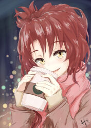  1girl :d absurdres brown_jacket coffee commentary_request cup dodo_(yatotoyatoto) highres holding holding_cup honkai_(series) honkai_impact_3rd jacket looking_at_viewer murata_himeko open_mouth outdoors pink_scarf red_hair scarf smile solo upper_body winter winter_uniform yellow_eyes 