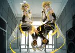  arm_warmers bare_shoulders blonde_hair blue_eyes brother_and_sister detached_sleeves from_behind hair_ornament hair_ribbon hairclip headphones highres kagamine_len kagamine_len_(append) kagamine_rin kagamine_rin_(append) leg_warmers looking_back microphone open_mouth ribbon short_hair shorts siblings sitting smile thigh-highs thighhighs twins vocaloid vocaloid_append 
