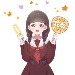  1girl :d arched_bangs biwako_(love_live!) braid brown_dress brown_eyes brown_hair commentary dress glowstick hand_fan hand_fan_writing hasu_no_sora_school_uniform holding holding_fan link!_like!_love_live! long_sleeves looking_at_viewer love_live! low_twin_braids makki_do neckerchief open_mouth oshikatsu paper_fan penlight_(glowstick) red_neckerchief sailor_collar sailor_dress school_uniform simple_background smile solo twin_braids uchiwa v-shaped_eyebrows white_background white_sailor_collar winter_uniform 