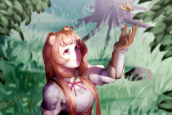  1girl animal_ear_fluff animal_ears armor artist_logo artist_name black_dress blunt_bangs blurry blurry_background breastplate breasts brown_gloves brown_hair bug butterfly closed_mouth collared_dress commentary dress elbow_gloves english_commentary from_above gloves grass grey_armor grey_gloves hand_up highres iruhamu layered_dress logo long_hair looking_at_animal medium_breasts metal_arm_cuffs metal_wrist_cuffs mixed-language_commentary multicolored_gloves neck_ribbon open_collar outdoors pauldrons pinstripe_dress pinstripe_pattern raccoon_ears raccoon_girl raphtalia red_dress red_eyes red_ribbon ribbon shoulder_armor signature single_pauldron smile solo tate_no_yuusha_no_nariagari tree two-tone_dress two-tone_gloves upper_body watermark white_dress yellow_butterfly 